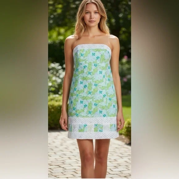 Lilly Pulitzer Strapless Alligator Print Dress Lace Coquette Sundress - Picture 1 of 4